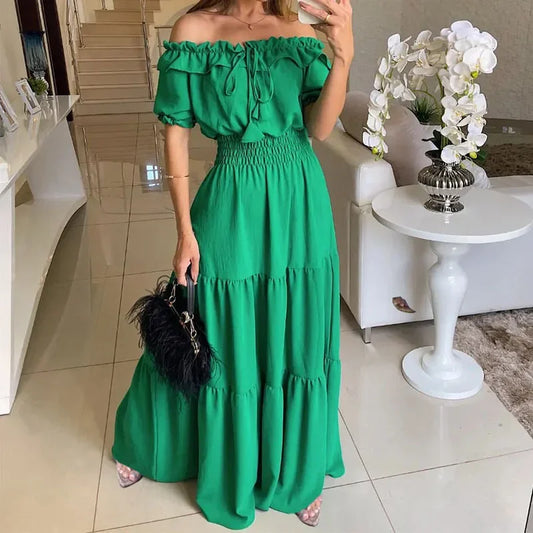 Off Shoulder Hem Lace Up Maxi Dress green 1 S