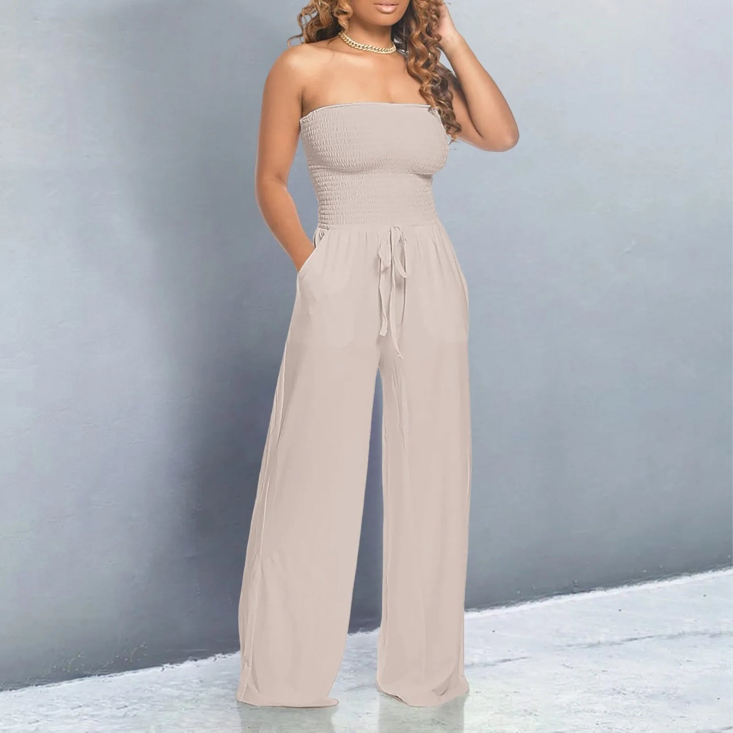 Strapless Ruched Wide-Leg Romper Beige S