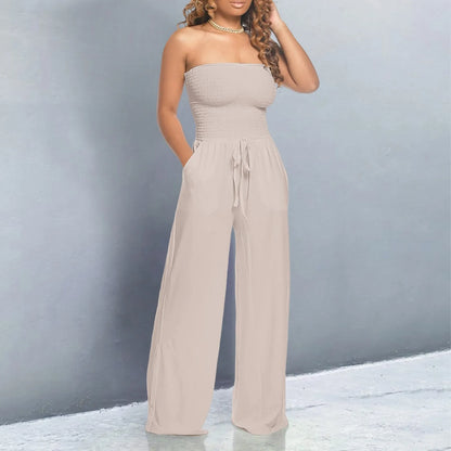 Strapless Ruched Wide-Leg Romper Beige S
