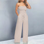 Strapless Ruched Wide-Leg Romper Beige S