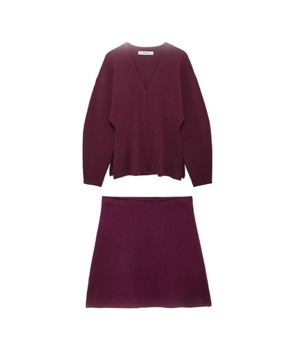 V-Neck Cardigan and High Waist Mini Skirts Wine Red Suit L 