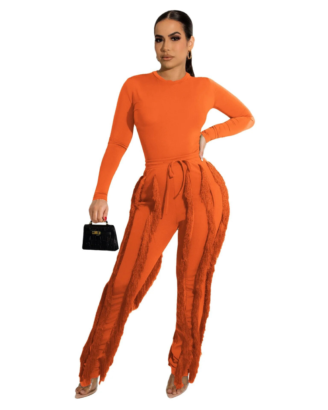 Sleeveless Bodysuit and Fringe Tassel Trousers Set Orange S 