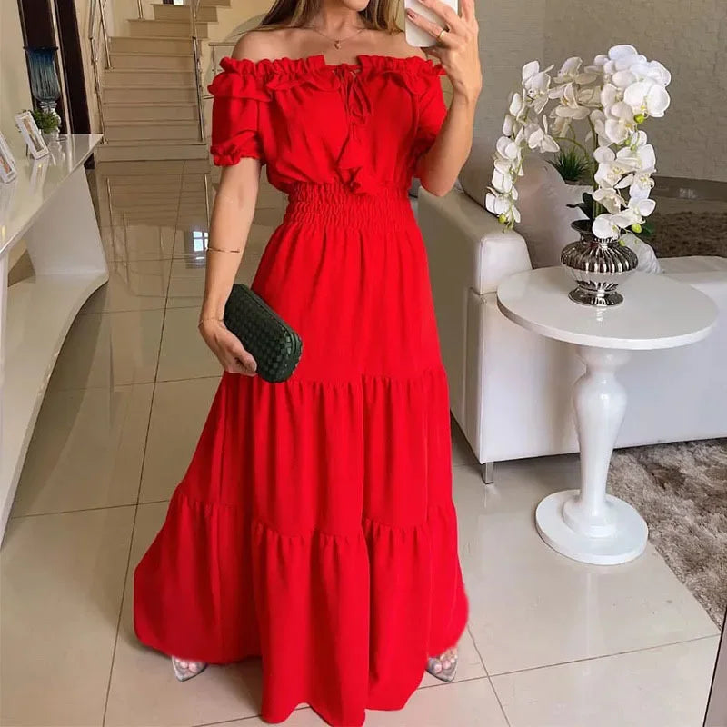 Off Shoulder Hem Lace Up Maxi Dress red 1 S