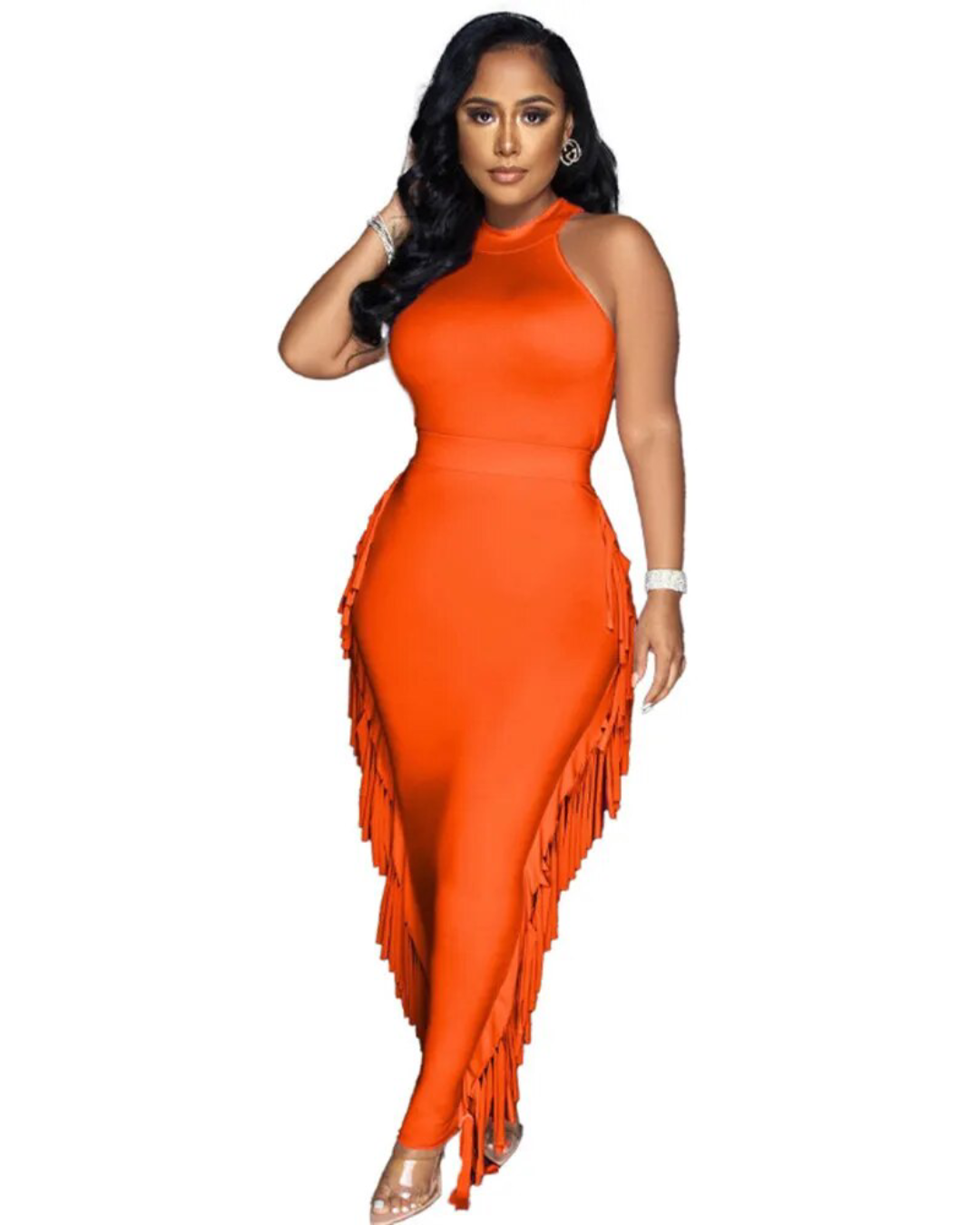 Sleeveless Bodycon Top & Tassel Skirt Set Orange S 