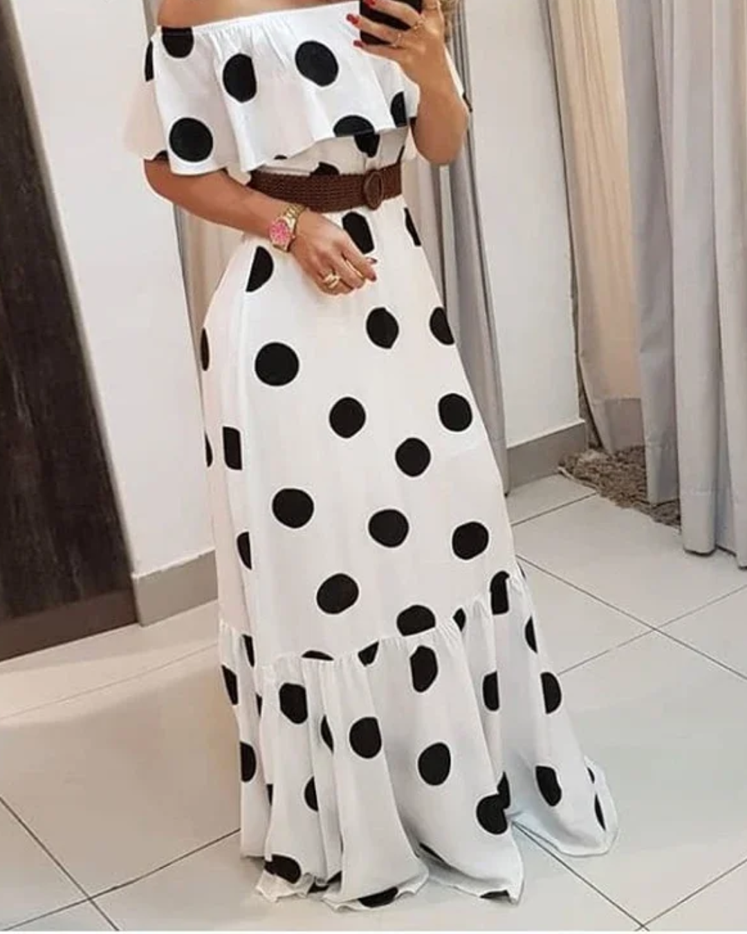 Off Shoulder Polkadot Print Maxi Dress   