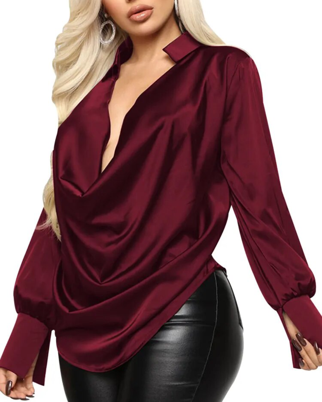 Deep V-Neck Solid Color Shirt Burgundy S 