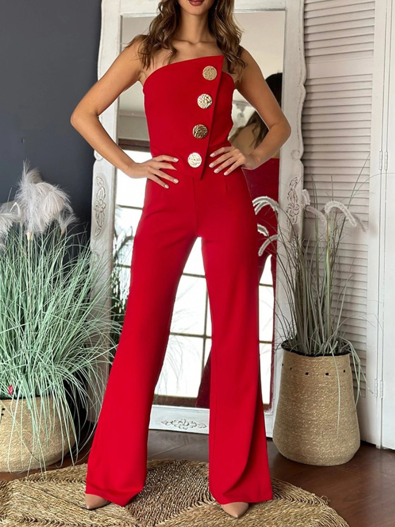 Red Strapless Big Button Jumpsuit Red S United States