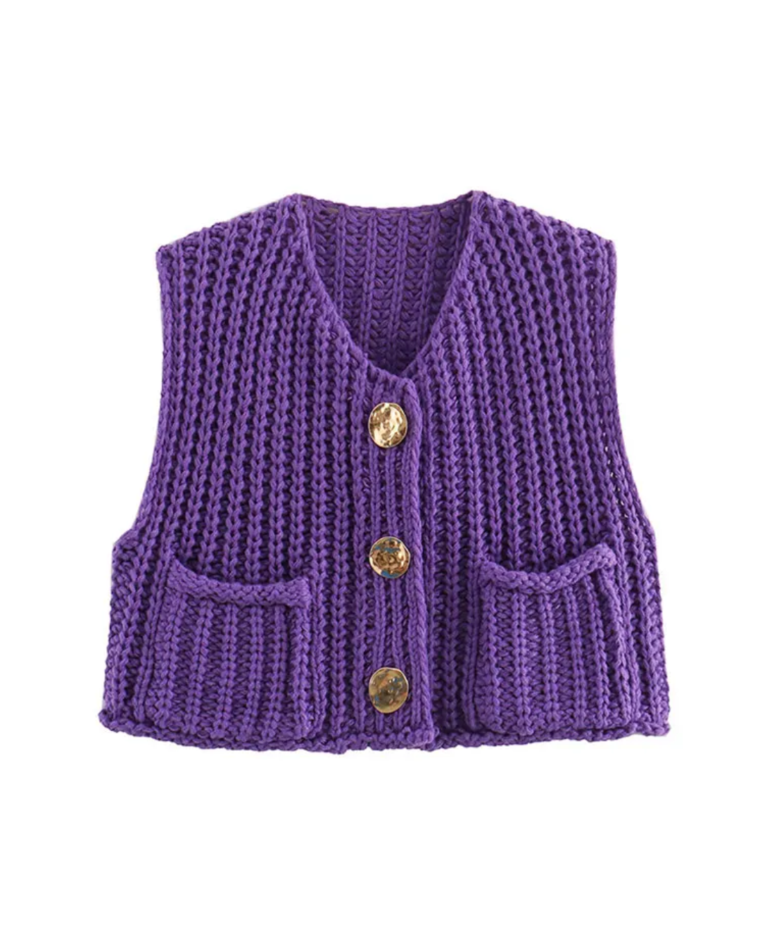 Sleeveless Round Neck Knitted Vest Purple S 