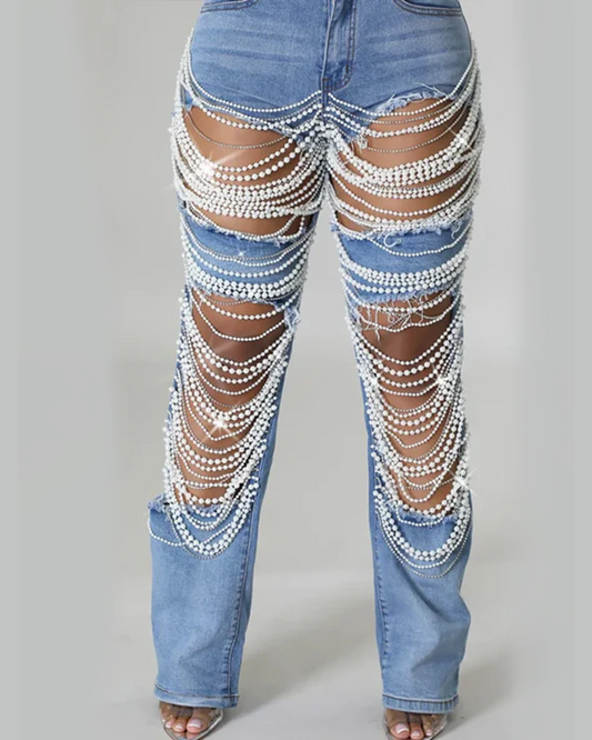 Plus Size Pearls Cutout Jeans Trousers Blue L 