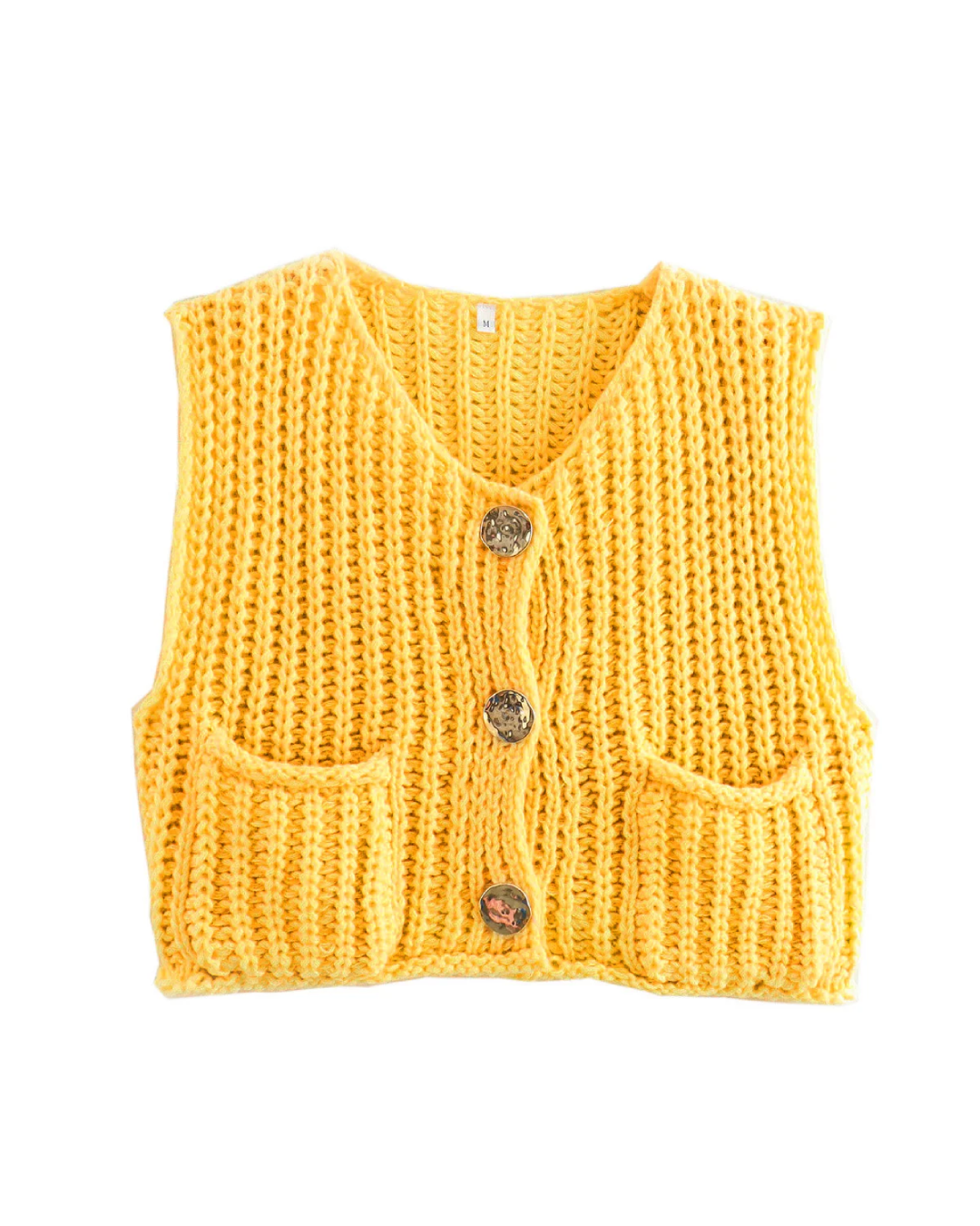 Sleeveless Round Neck Knitted Vest Yellow S 