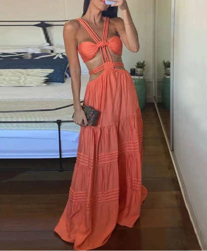 Sleeveless Lace-Up Solid Color Pleated Beach Party Dress picture color XS