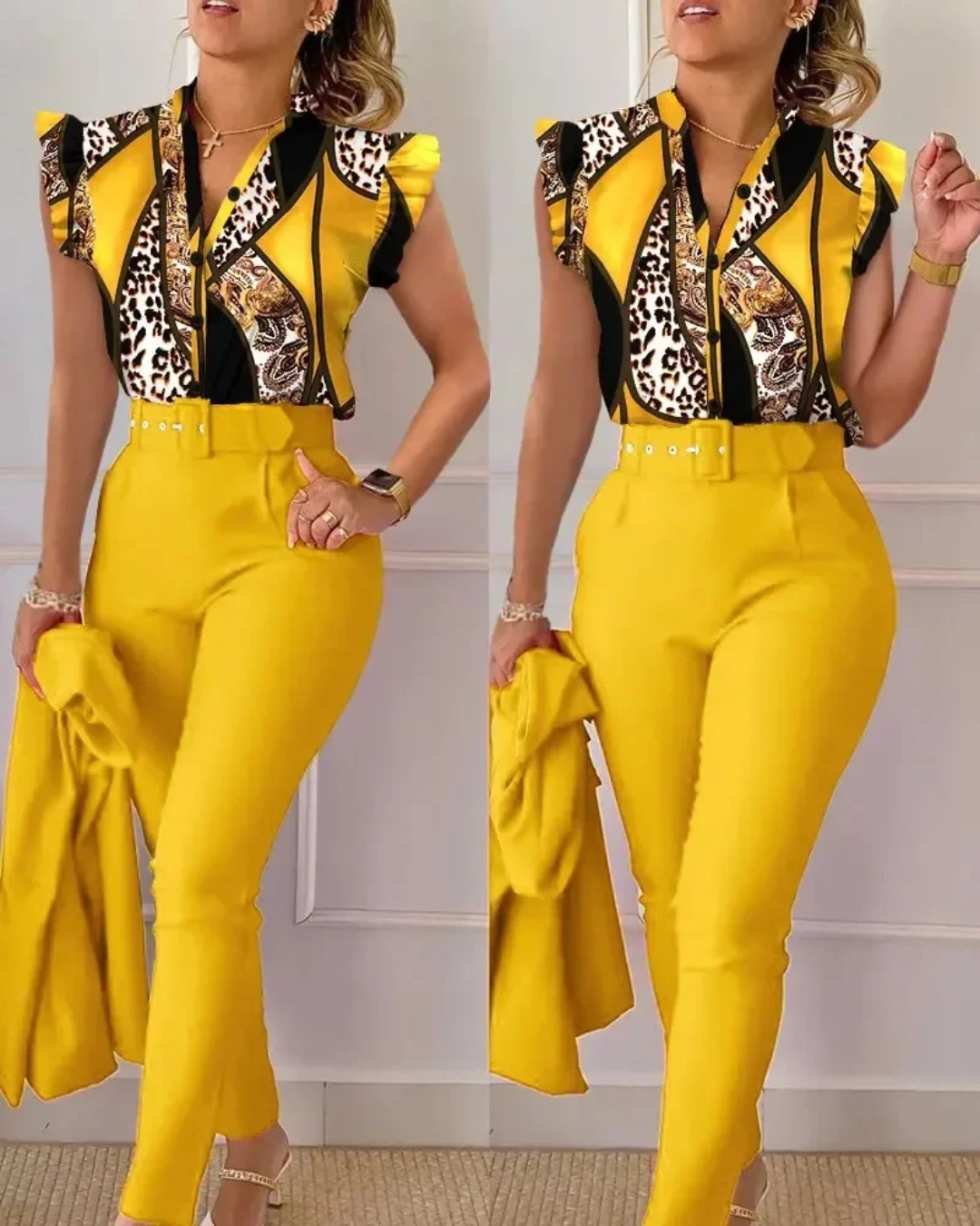 Floral Print Shirt and High Waist Pants with Belt Yellow Leopard Print S 