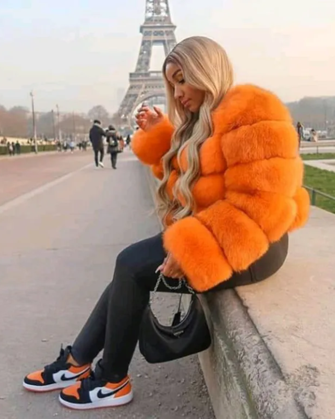 Loose Plush Faux Fur Jacket Orange S 