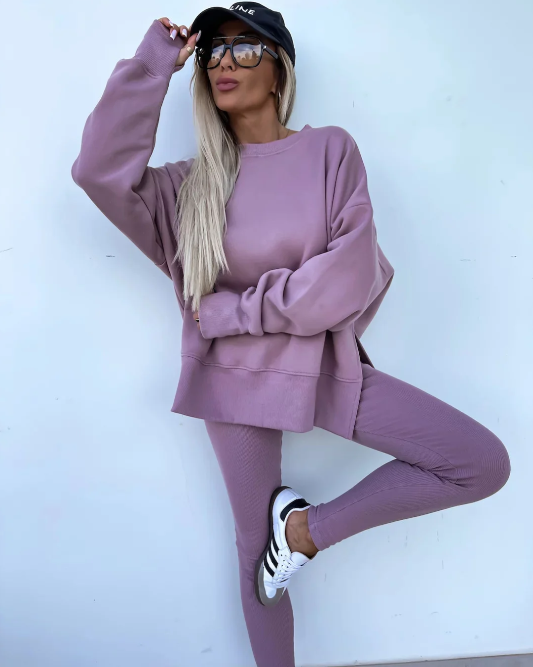 Loose-Fitting Sweater with Tight Pants Purple S 