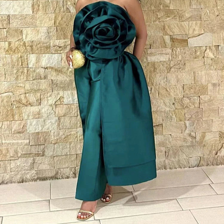 Elegant Backless 3D Flower Strapless Top green L
