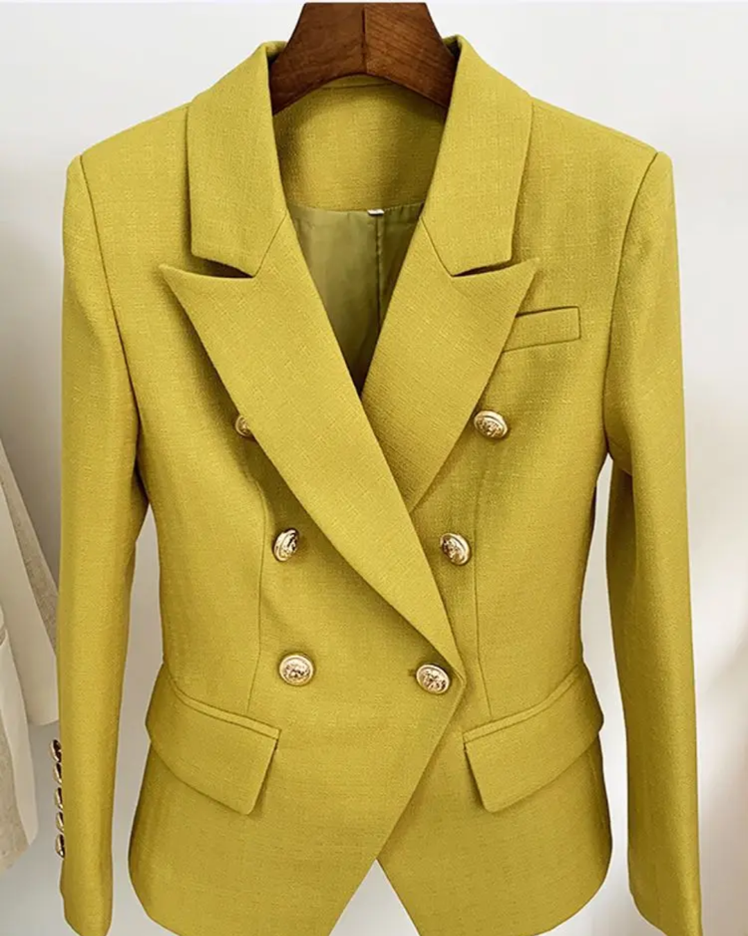 Double Breasted Textured Blazer Mustard S 