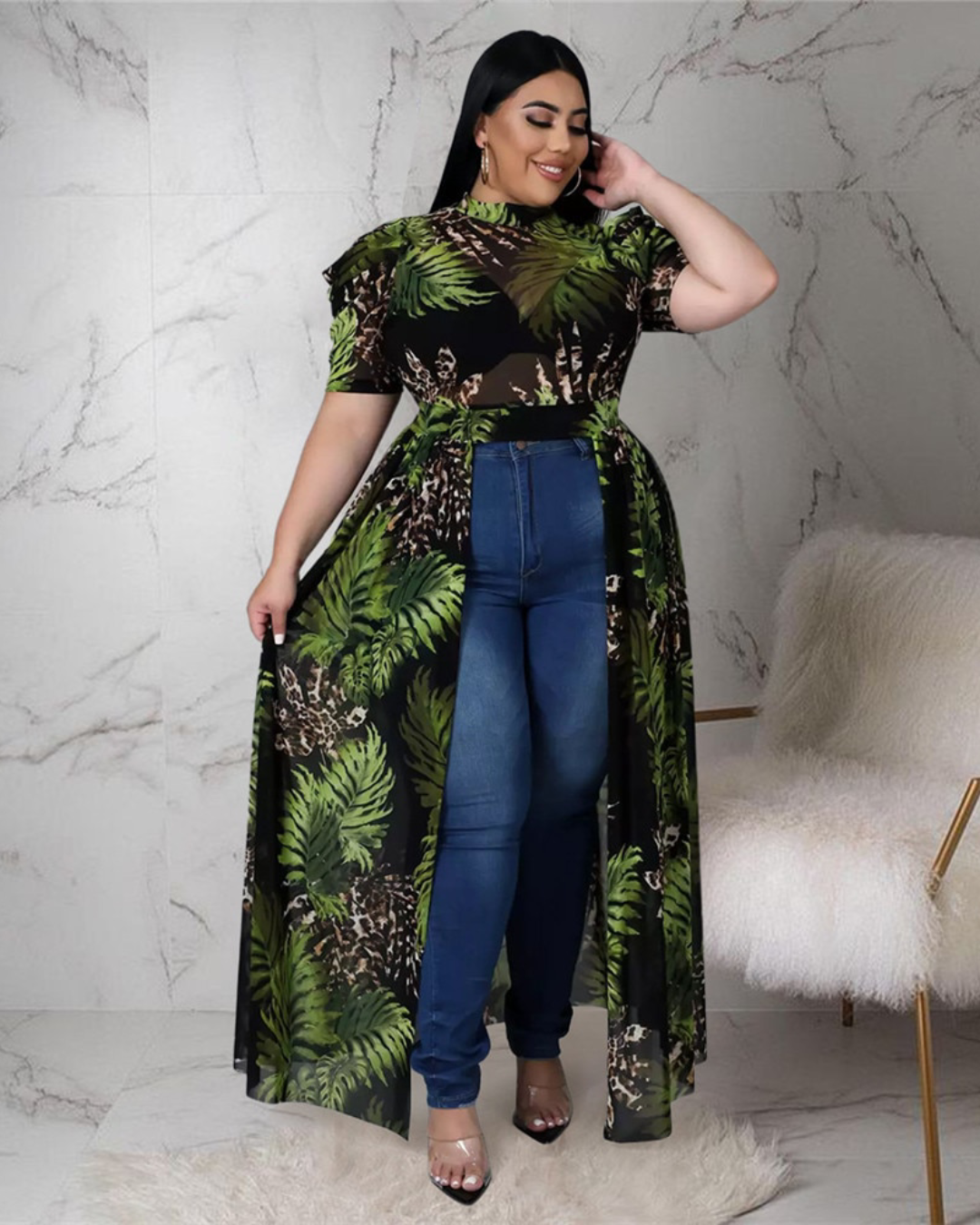Plus Size Printed Mesh Shirt   