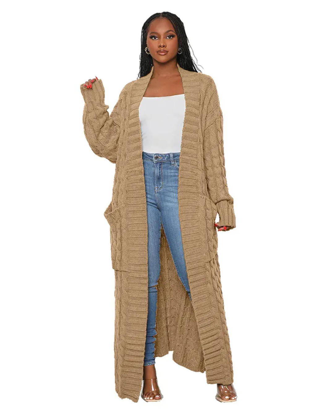 Long Knitted Cardigan V Neck Trench Coat   