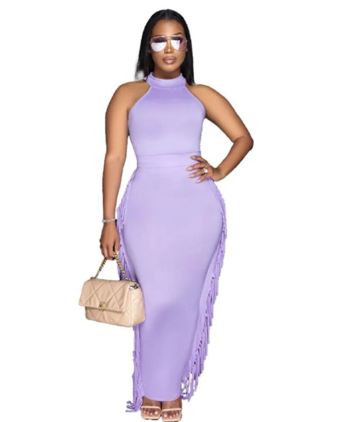 Sleeveless Bodycon Top & Tassel Skirt Set Purple S 