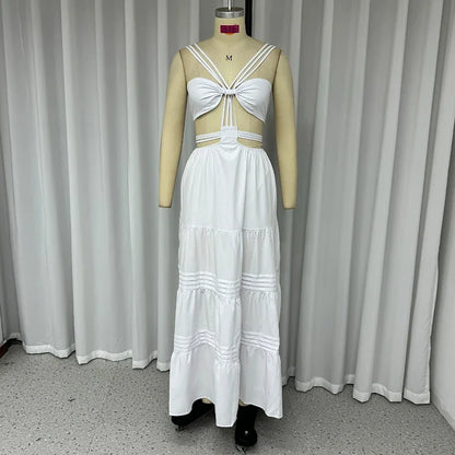 Sleeveless Lace-Up Solid Color Pleated Beach Party Dress