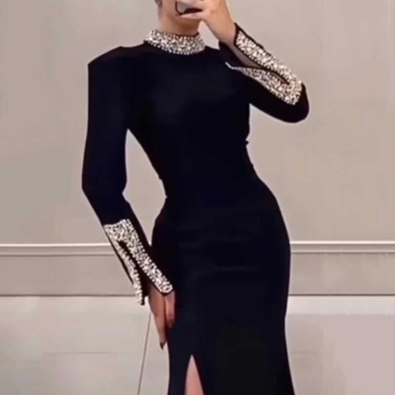 Elegant Vintage Shiny Rhinestone Turtleneck Dress