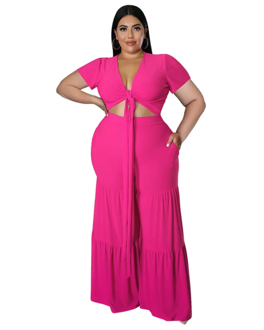 Plus Size Solid Bandage Two Piece Set Rose Red XL 