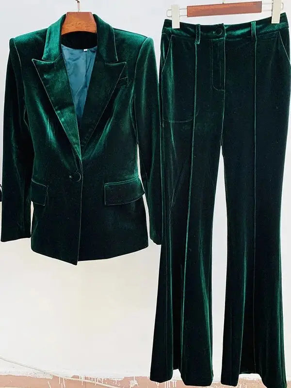 Brown Velvet Blazer & Flared Pants Dark Green S