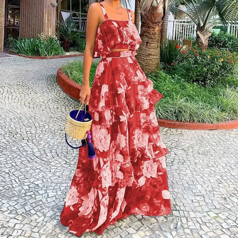 Sexy Spaghetti Strap Backless Two-Piece Outfit Red S