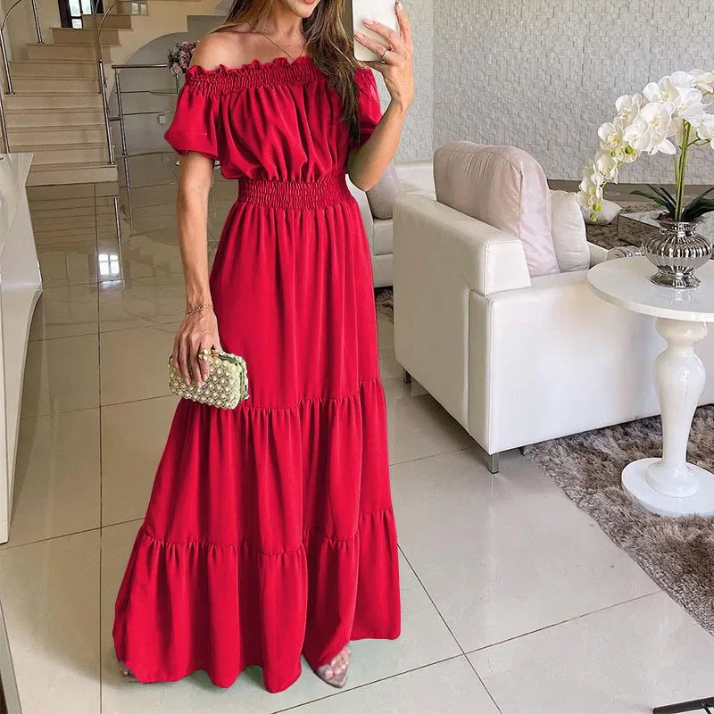 Off Shoulder Hem Lace Up Maxi Dress Red S