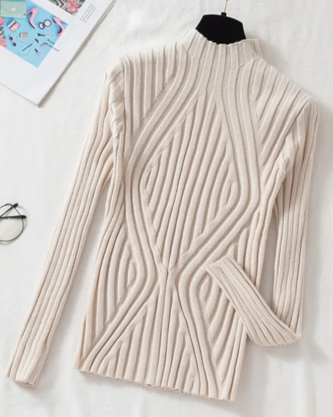 Half Turtleneck Long Sleeve Knitted Sweater Apricot One Size 