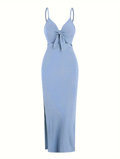 Sexy Ribbed Maxi Dress with Side Split SKY BLUE XS
