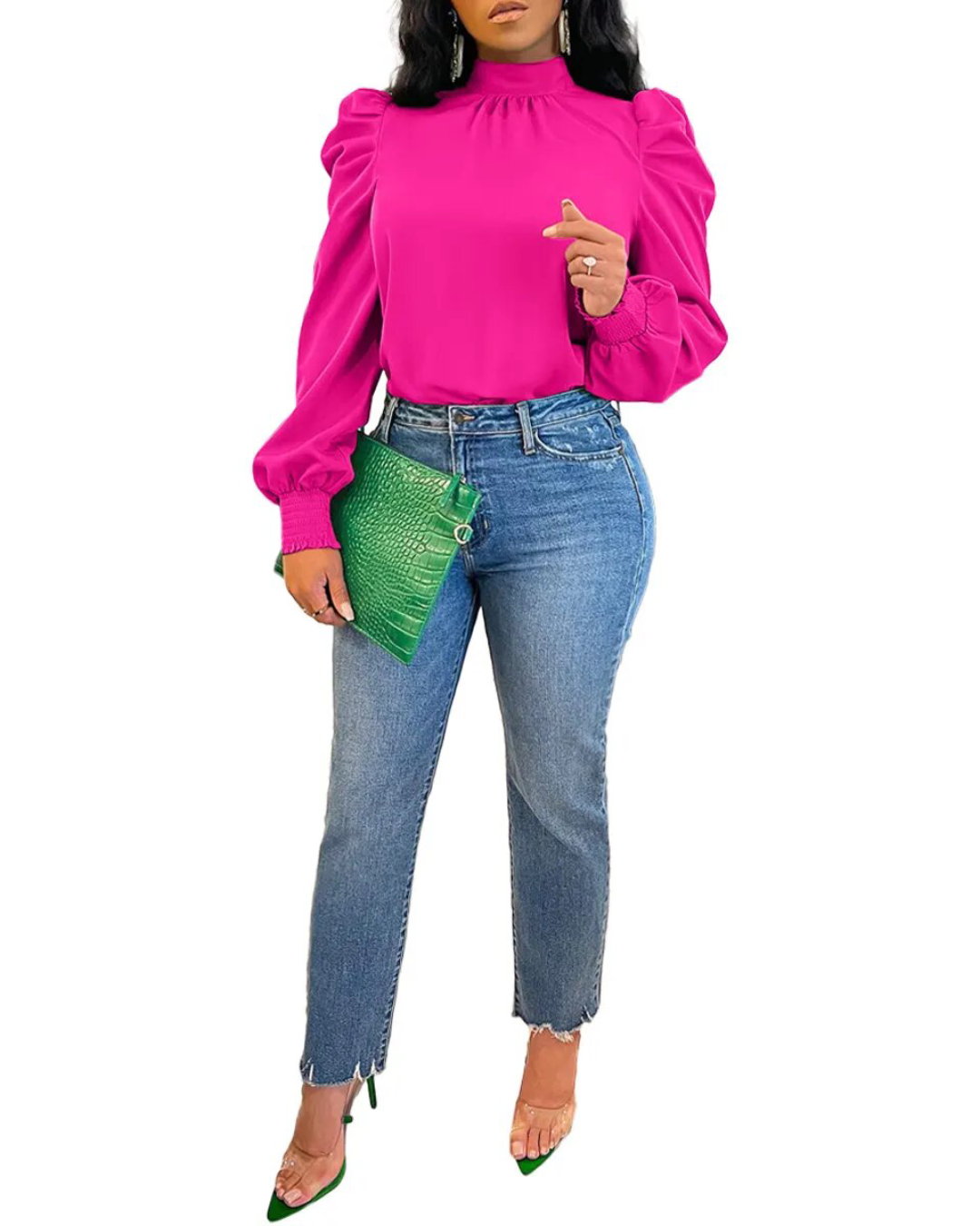 Solid Color Bubble Sleeve Back Lace Up Top Fuchsia S 