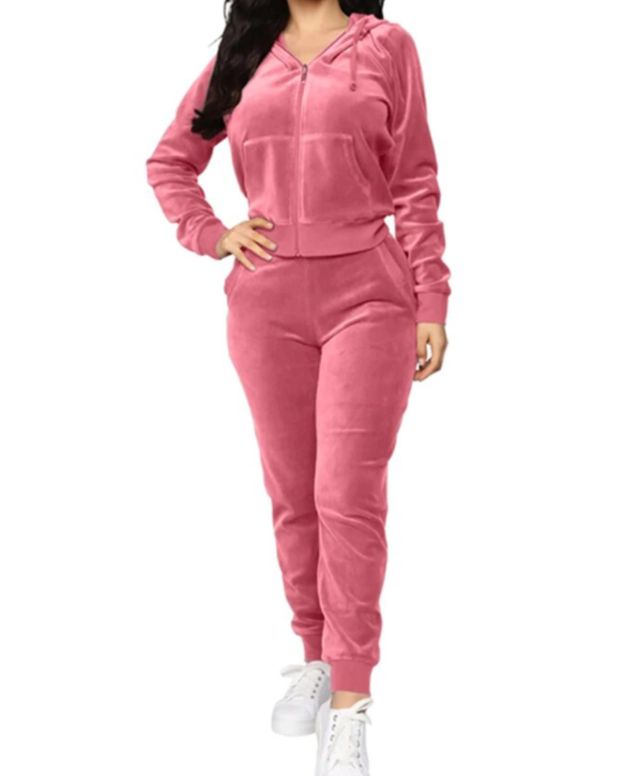 Hooded Top & Long Pants Set Pink S 