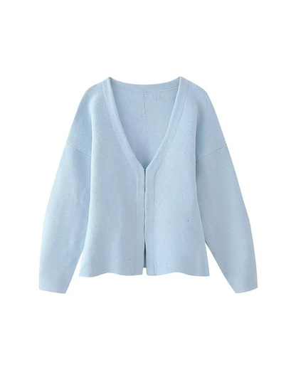 V-Neck Cardigan and High Waist Mini Skirts Light Blue Top L 