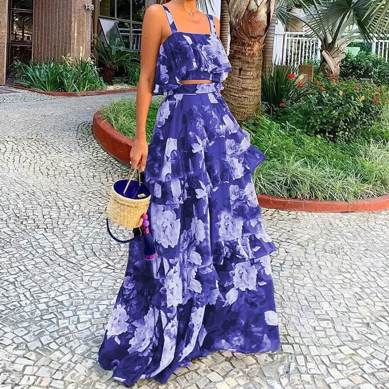 Sexy Spaghetti Strap Backless Two-Piece Outfit PURPLE M