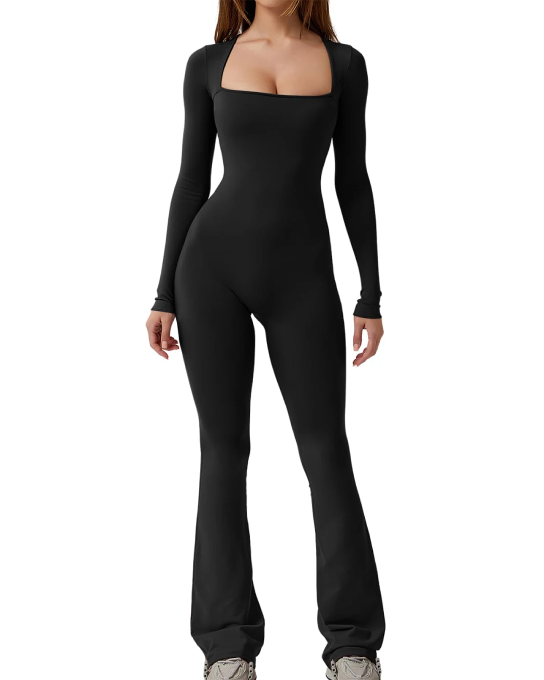 Long Sleeve Square Neck Jumpsuit Black S 