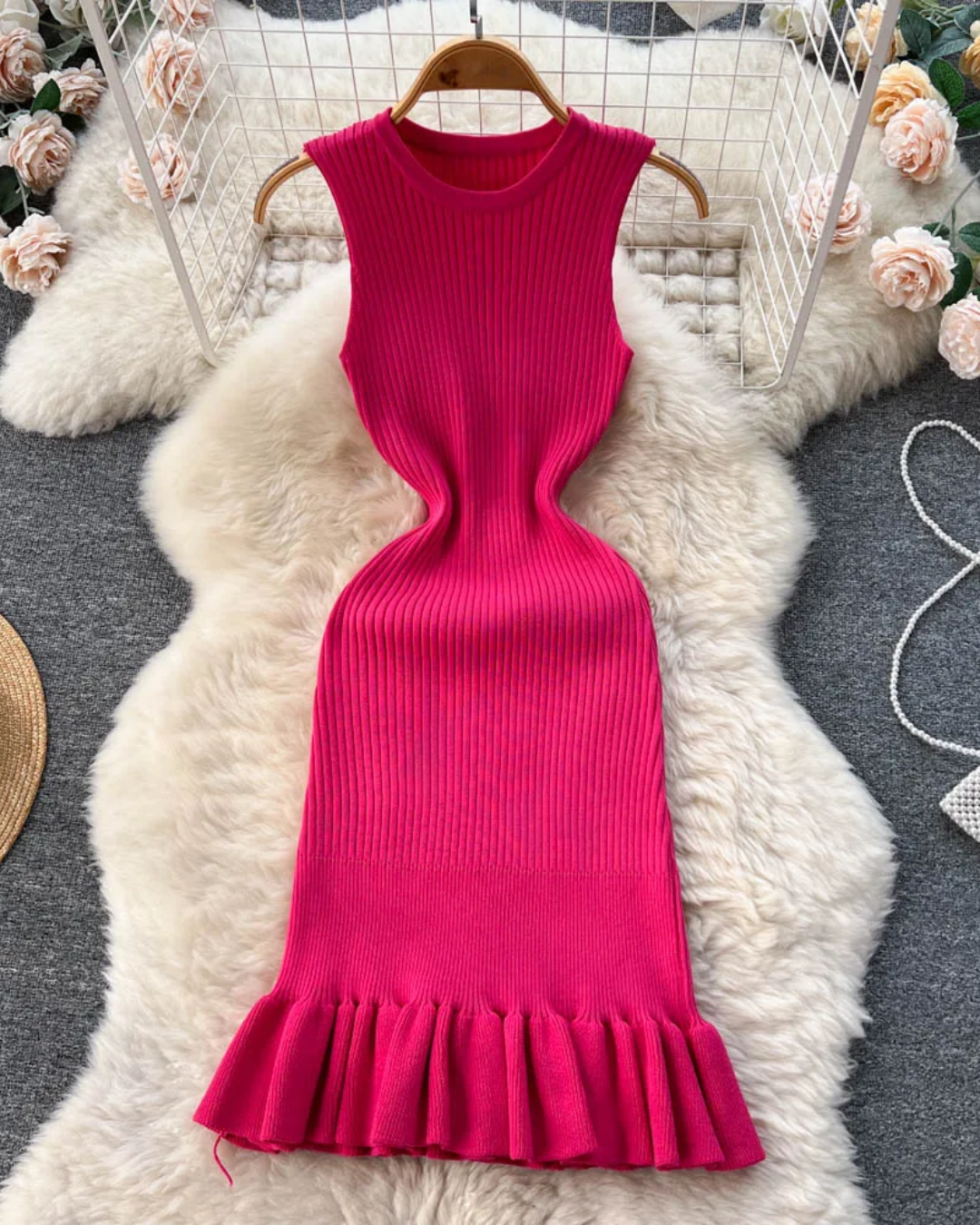 Hips Ruffles Bodycon Dress Rose Red One Size 