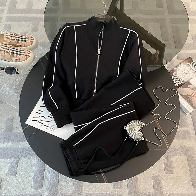 Cozy Striped Contrast Sweatshirt Pants Set Women Casual Lapel Full Sleeve Zipper Tops Long Trousers 2025 Autumn Lady Sportswear black set XXL