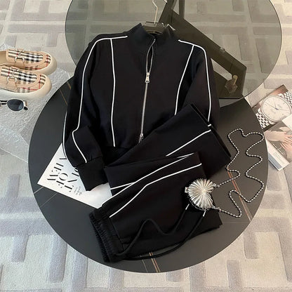 Cozy Striped Contrast Sweatshirt Pants Set Women Casual Lapel Full Sleeve Zipper Tops Long Trousers 2025 Autumn Lady Sportswear black set XXL