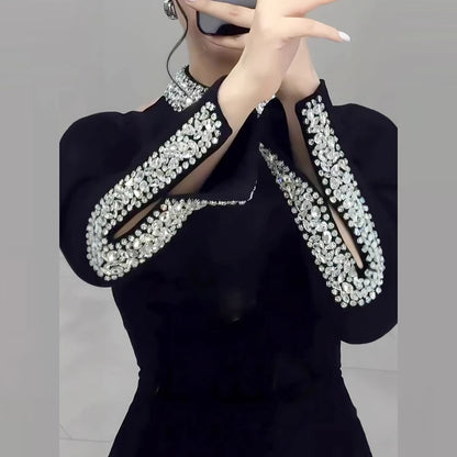 Elegant Vintage Shiny Rhinestone Turtleneck Dress