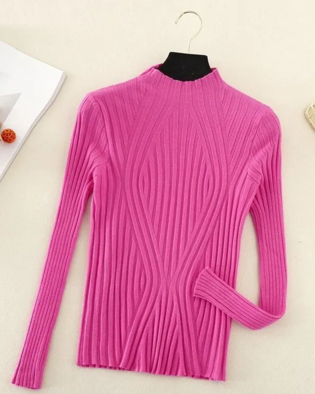 Half Turtleneck Long Sleeve Knitted Sweater Hot Pink One Size 