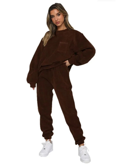 Women's 2-Piece Corduroy Solid Color Pullover with Long Sleeves Coffee XXL
