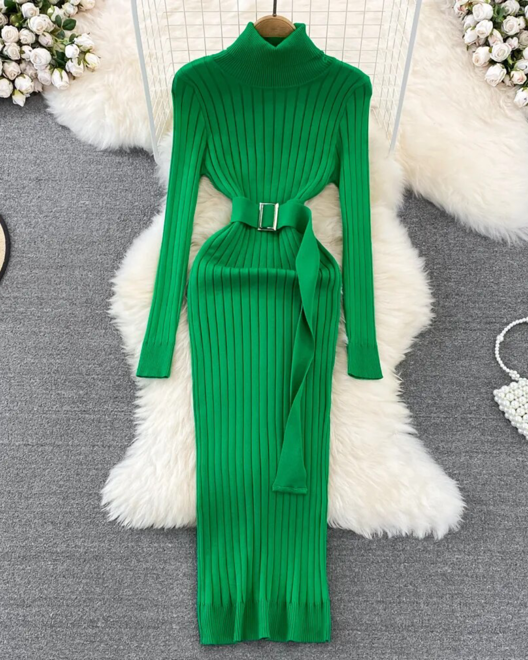 Turtleneck Long Sleeve Knitted Dress Green One Size 