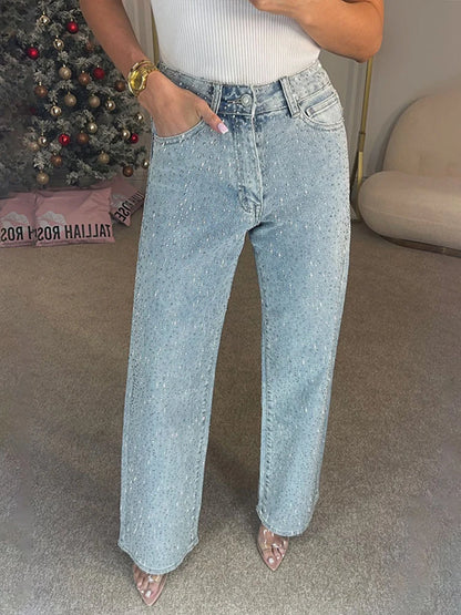 Shiny Rhinestone Wide Leg Jeans