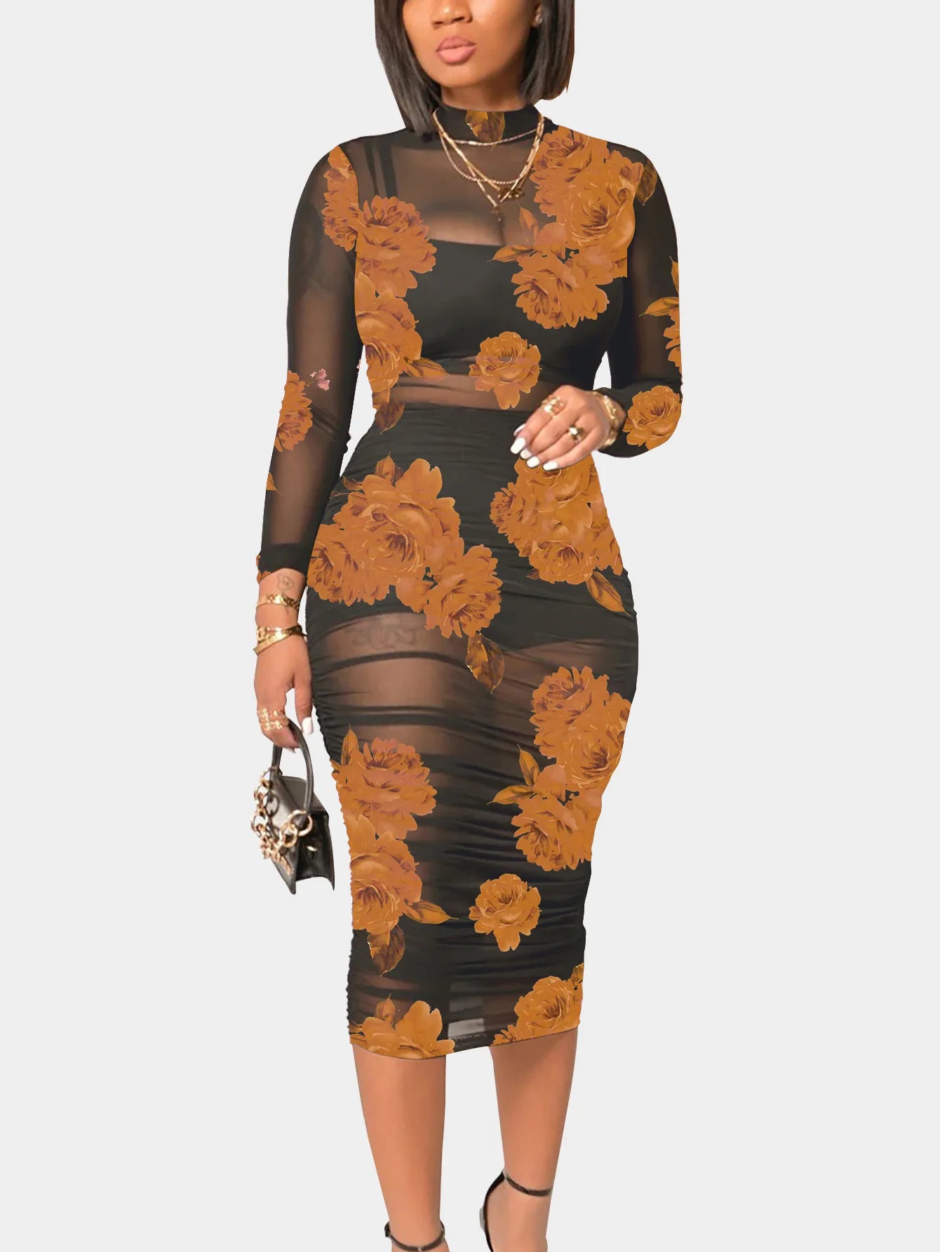 Floral Printed Sexy Mesh Gauze Mid Length Dress Khaki XXL