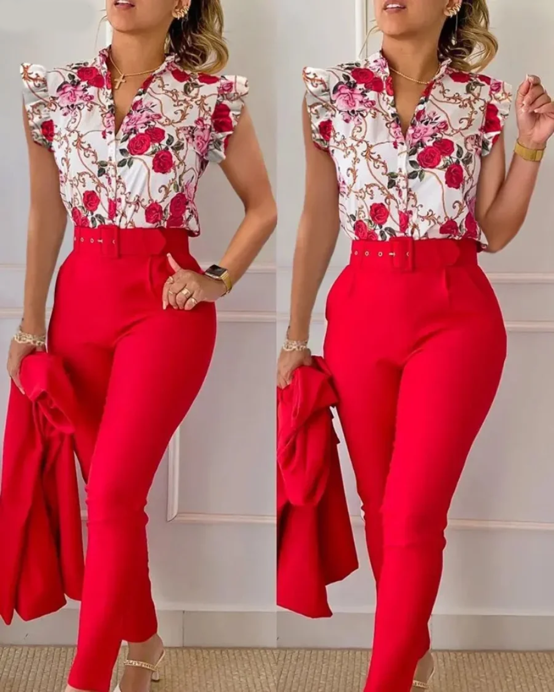 Floral Print Shirt and High Waist Pants with Belt   