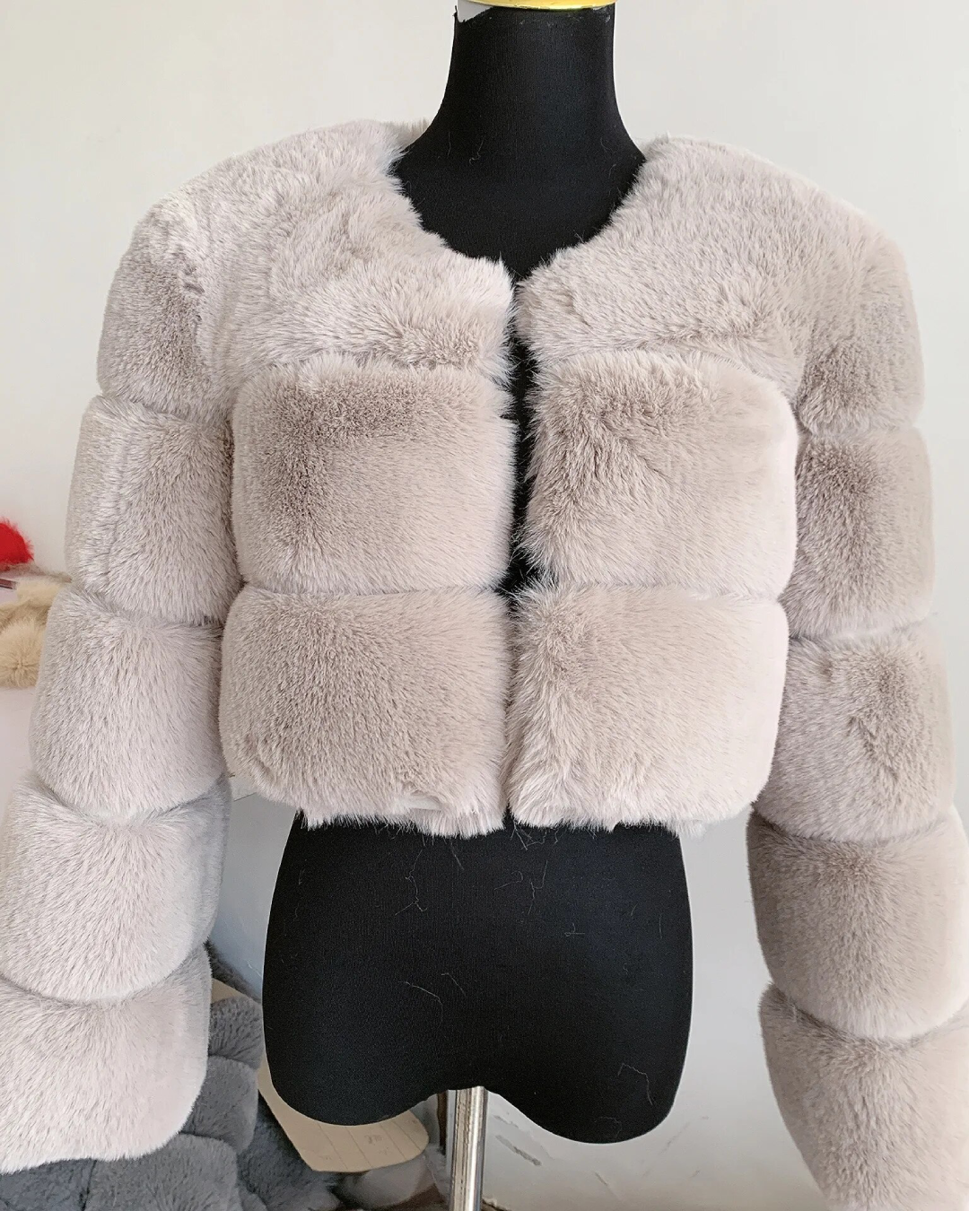 Faux Fur Thick Jacket White Gray S 