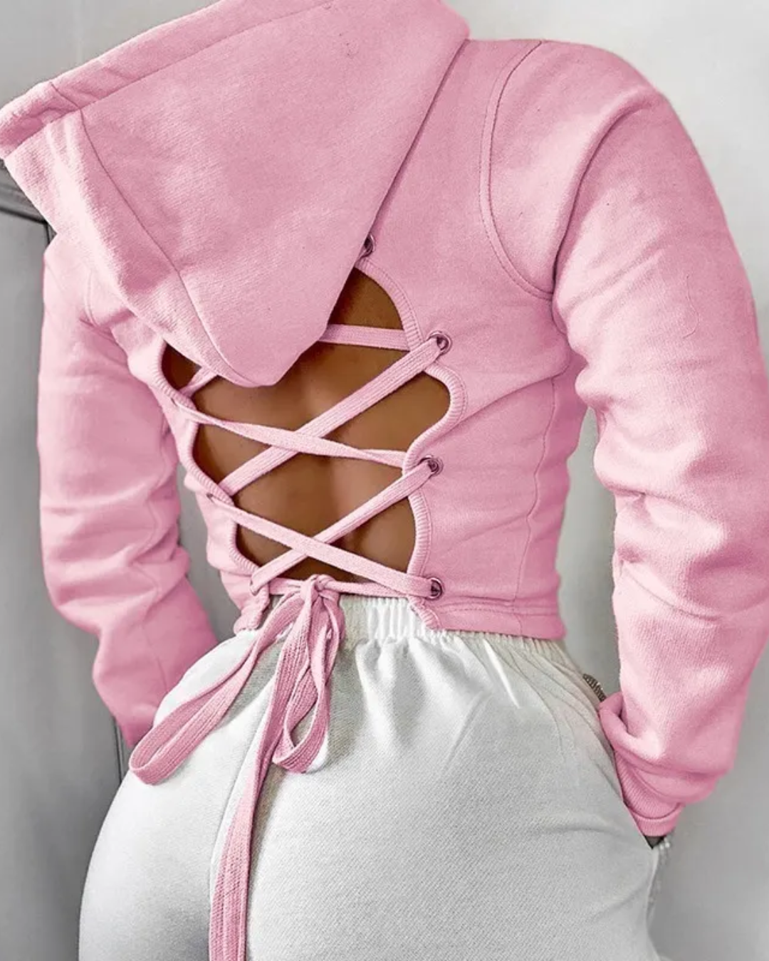 Long Sleeves Cross Bandage Hooded Sweatshirt   