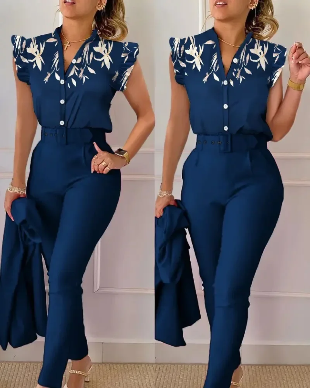 Floral Print Shirt and High Waist Pants with Belt Blue S 