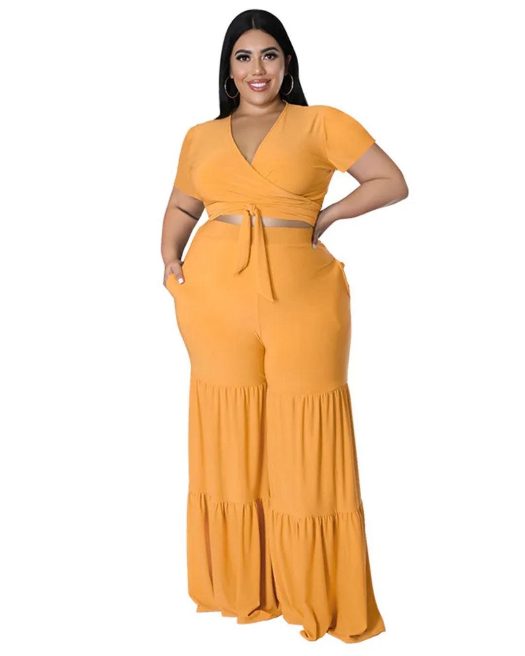 Plus Size Solid Bandage Two Piece Set Yellow XL 